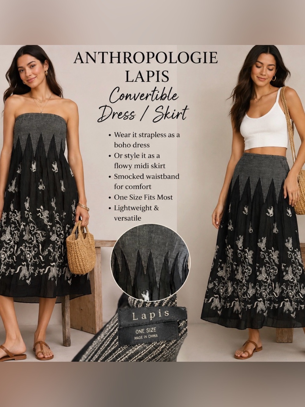 Lapis Anthropologie Convertible Dress Smocked Midi Skirt Boho Turquoise OS
